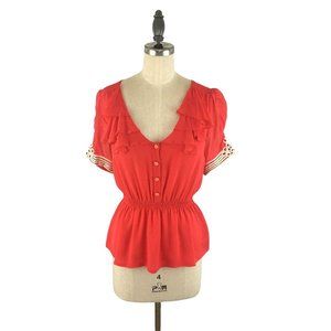 Anthropologie Odille Vermillion Silk Peplum Retro Vintage Blouse Size 4